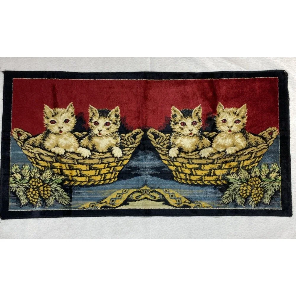 Vintage Velvet cat tapestry Textile Rug Red eyes Feline 38 x 19.5 rectangle